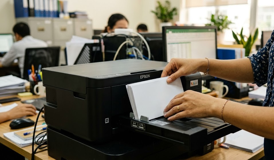 Nhân viên văn phòng nạp giấy vào máy in Epson